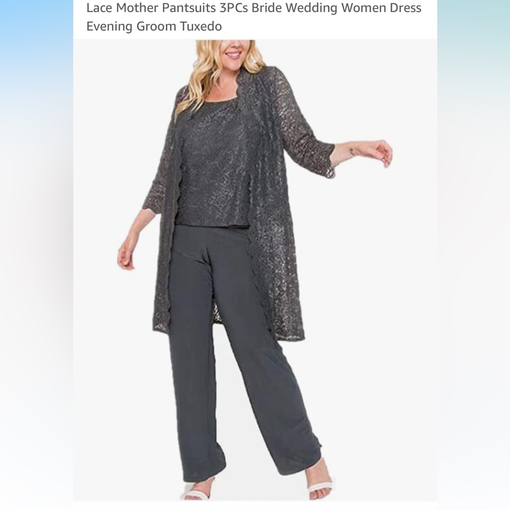 R&M Richards 3-piece plus size lace sequined Elegant Gray Pantsuit for Women 22W